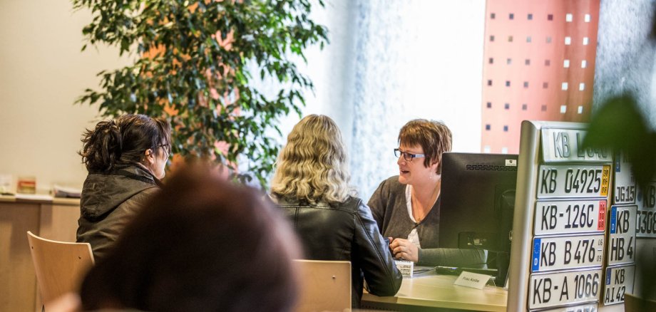 Admission Office Clerk at the registration office talks to two customers