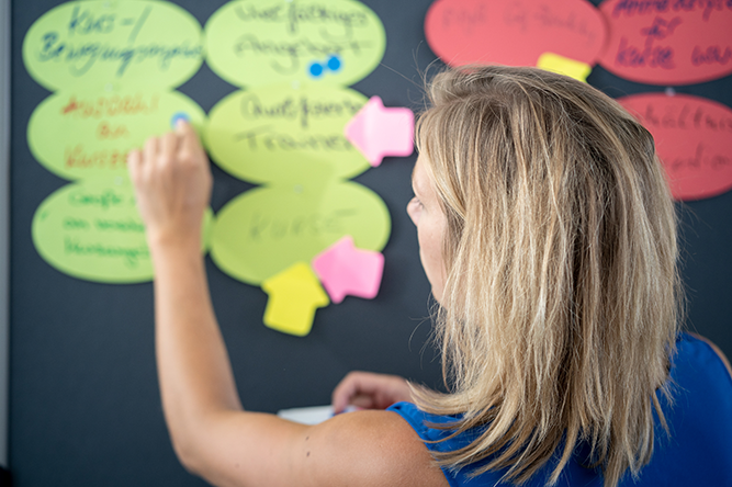 Woman with notes on a notice board