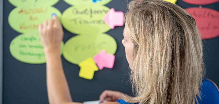 Woman with notes on a notice board