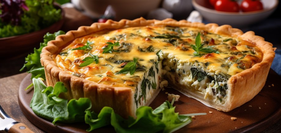 A quiche with spinach on the top