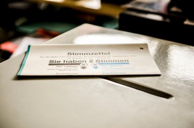 انتخابات یک برگ رأی روی صندوق رأی افتاده است.
