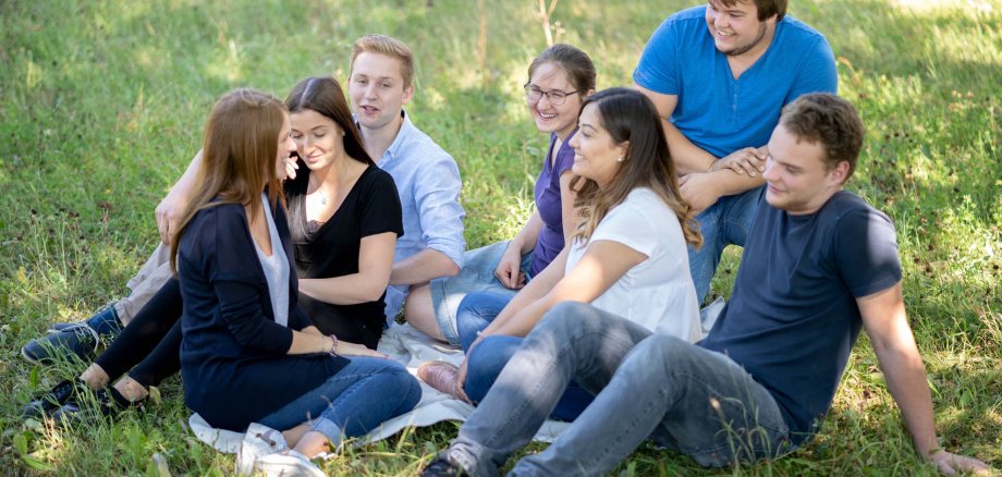 Sieben Jugendliche sitzen im Gras