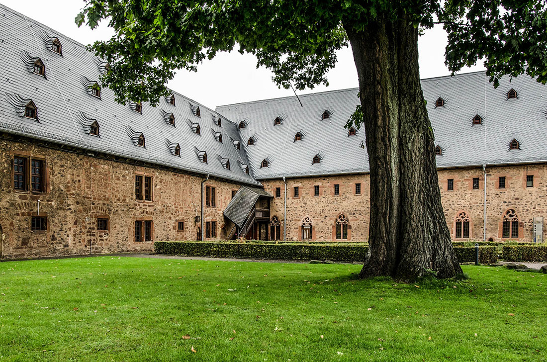 Baum auf Wiese in einem Innenhof eines alten Klostergebäudes