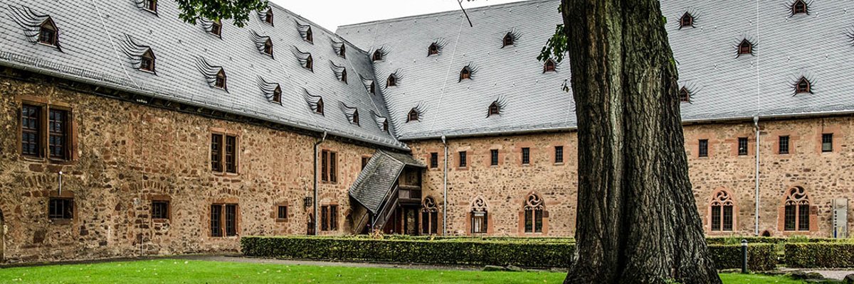 Baum auf Wiese in einem Innenhof eines alten Klostergebäudes