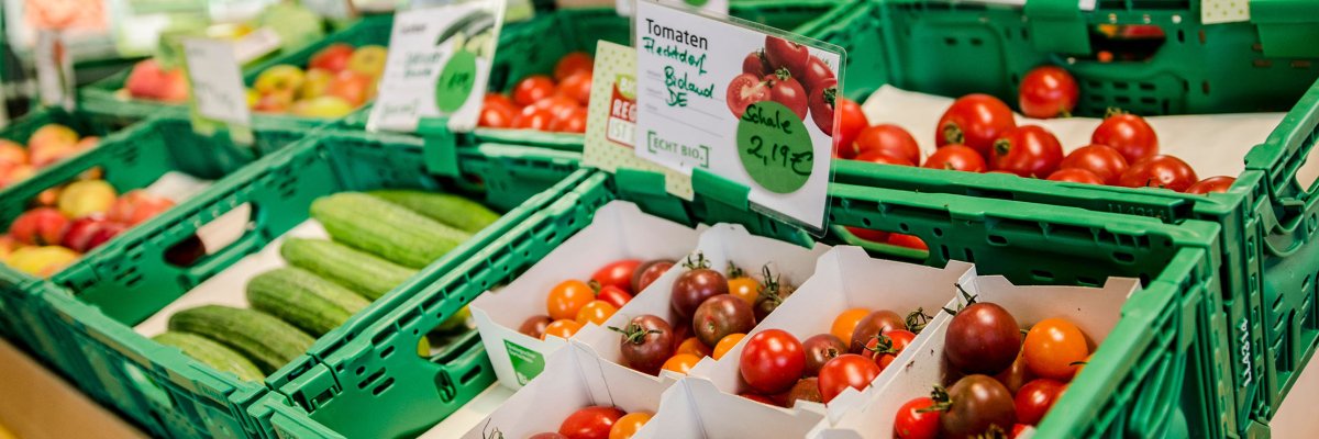 Gemüse in grünen Plastikkisten liegt in einem Laden