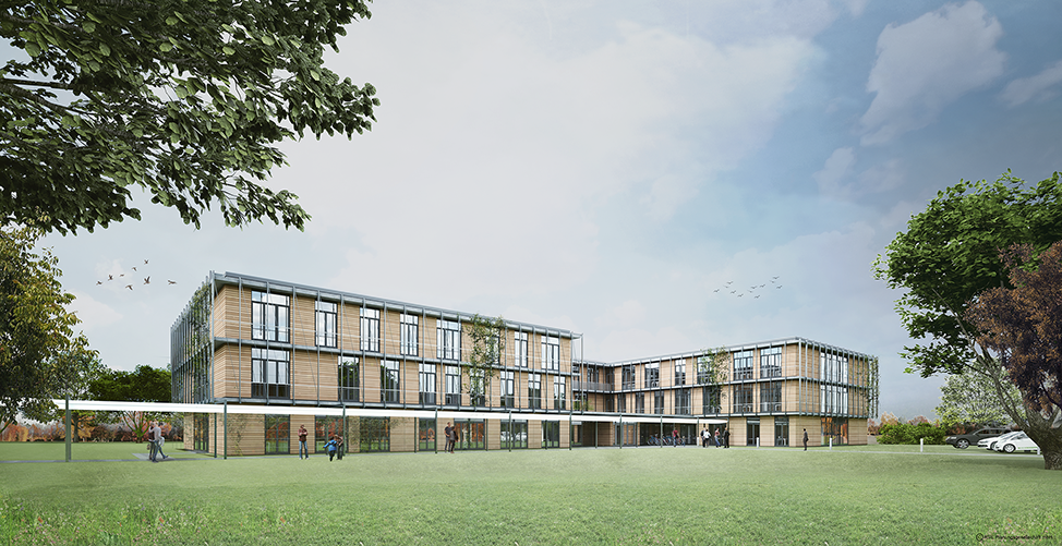 Neues Verwaltungsgebäude Südring Architektenzeichnung eines doppelstöckigen Verwaltungsgebäudes
