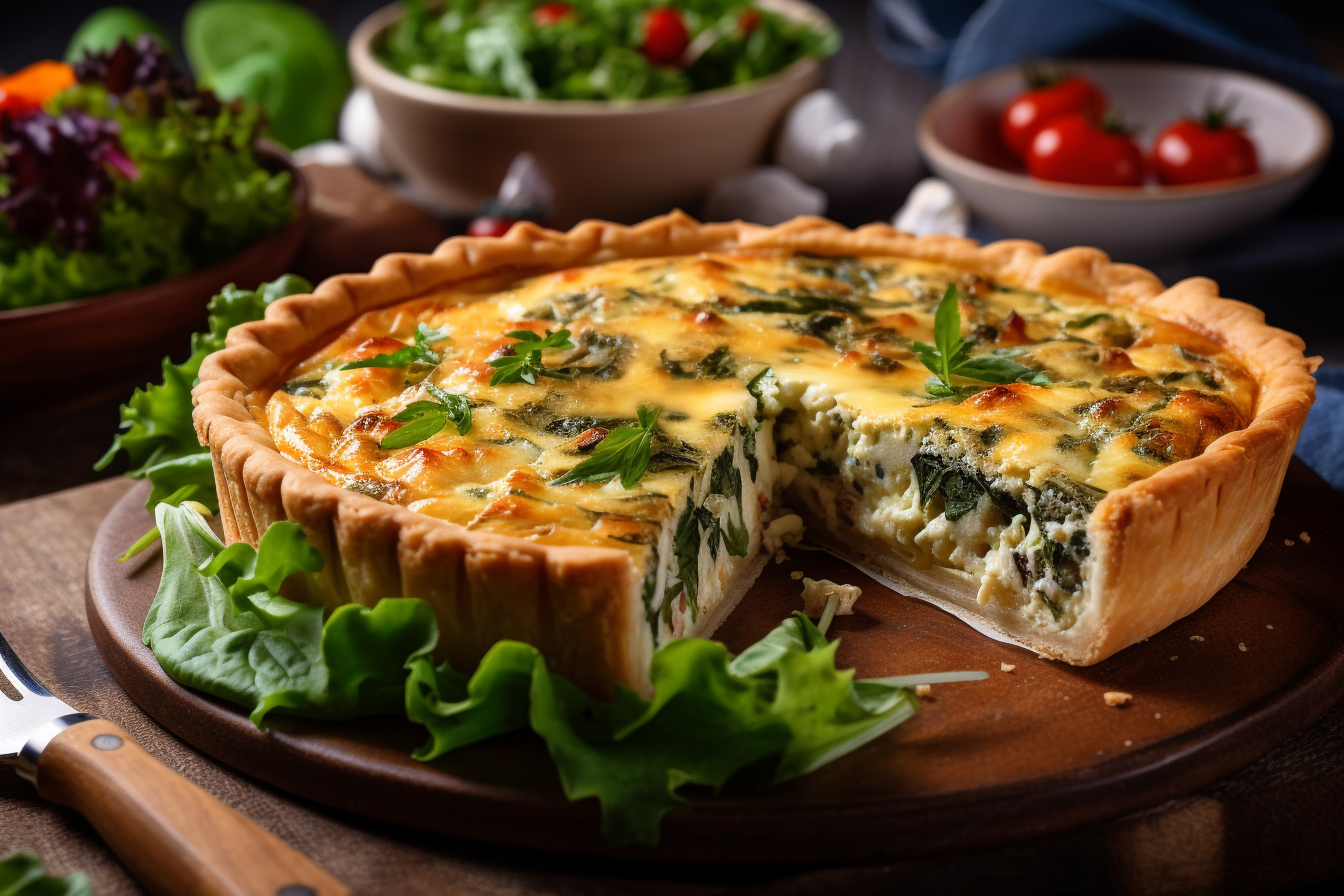 A quiche with spinach on the top